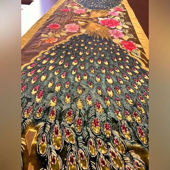 Silk & Velvet burnout Beaded Wrap Honey Green Peacock!  66" X 21" French Country - Picture 1 of 9